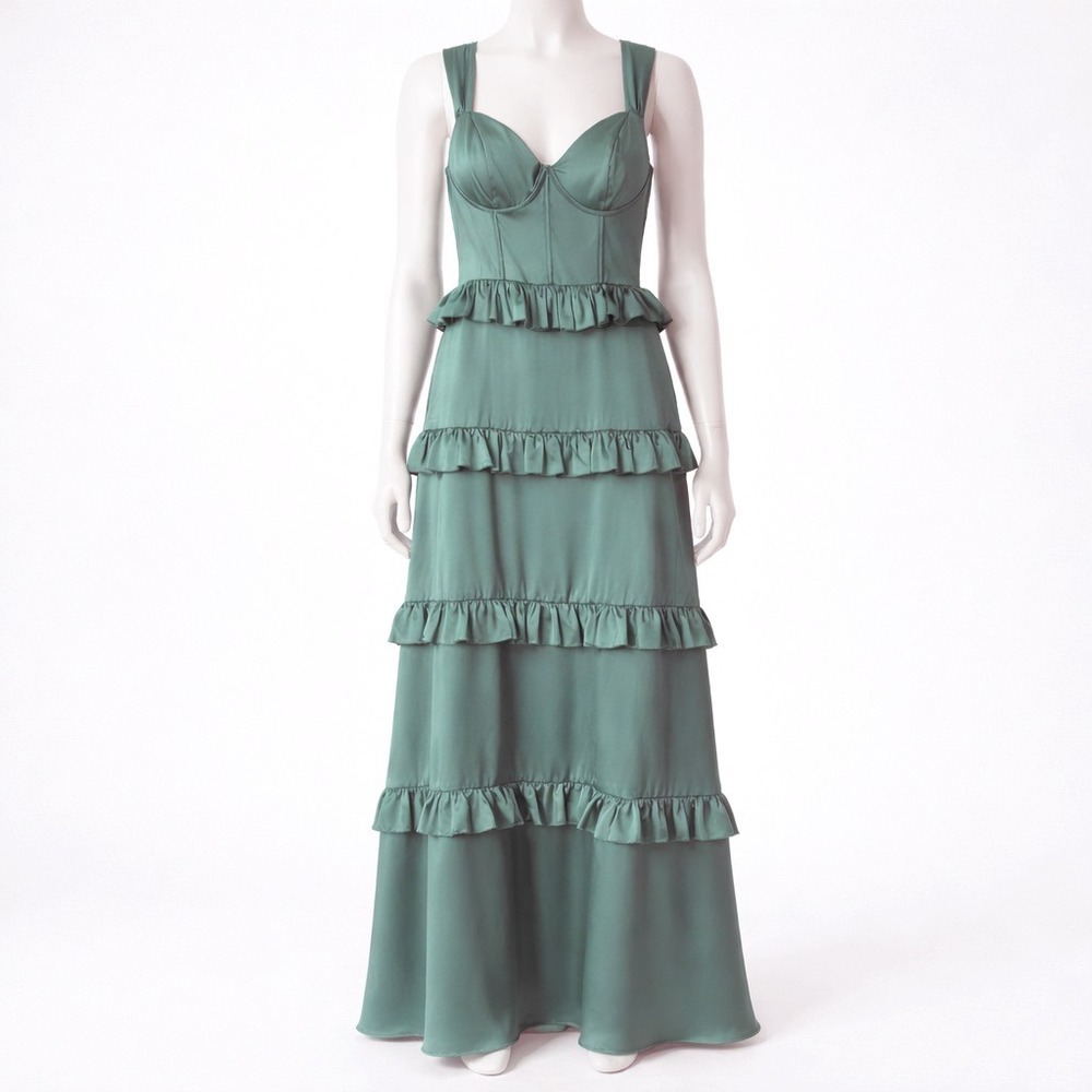 NEW Revelry Sloane Satin Tiered Dress Gown Womens Size 12 Rosemary Green Wedding